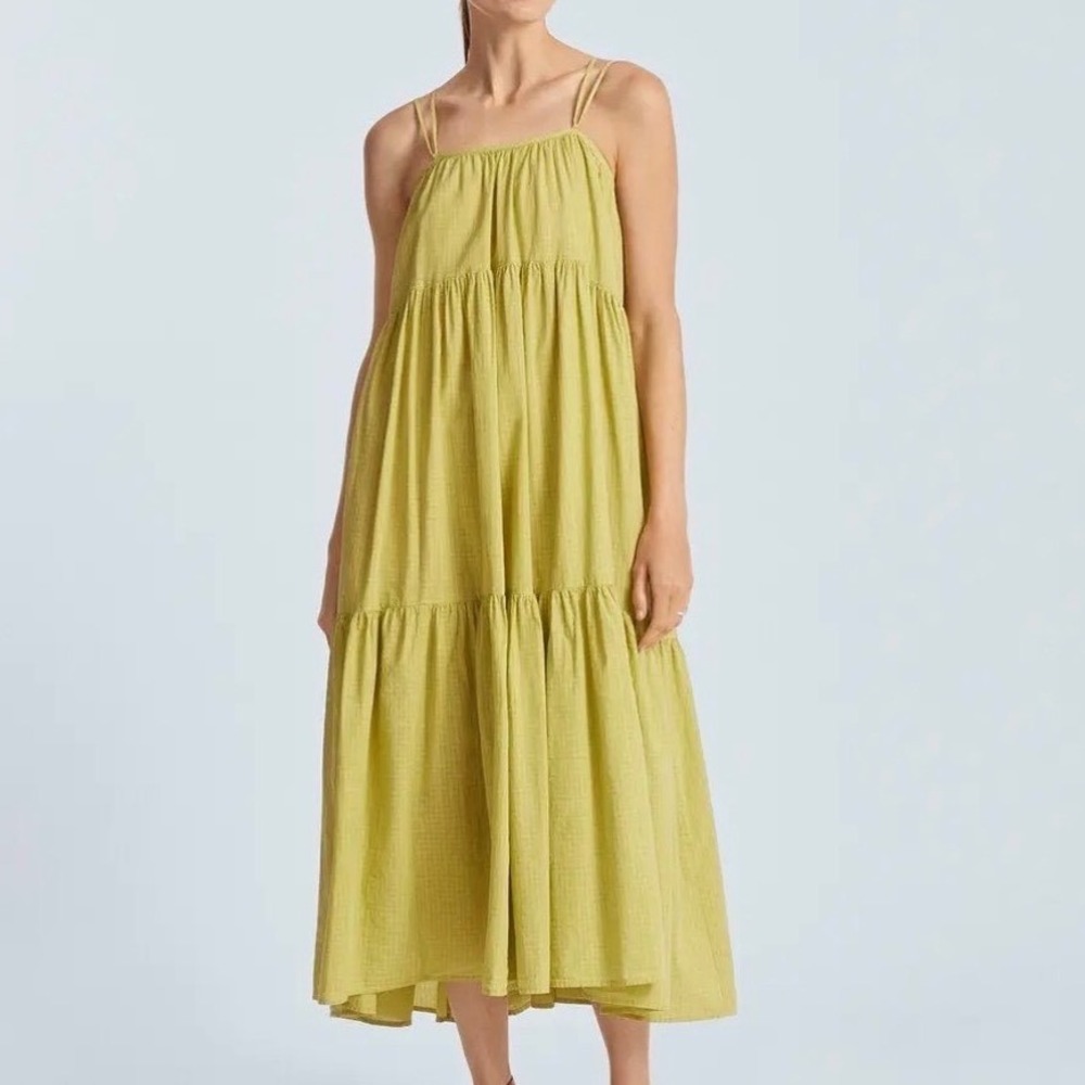 Everlane Billow Midi Dress Chartreuse Green Gingham Tiered Cotton Strappy Medium - Picture 1 of 6